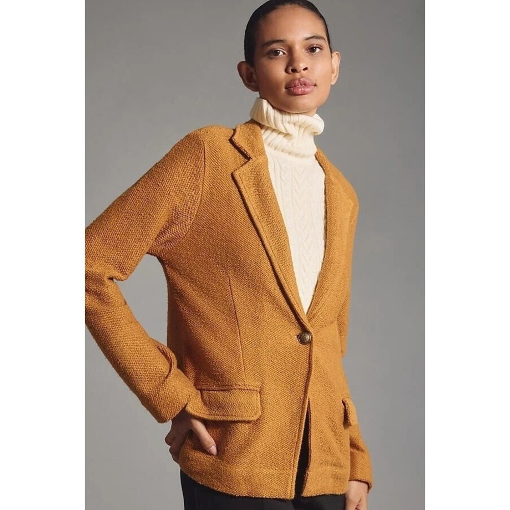 Anthropologie Maeve Knit Long Sleeve Button Mustard Jacket Blazer Women's Sz M - Picture 1 of 10